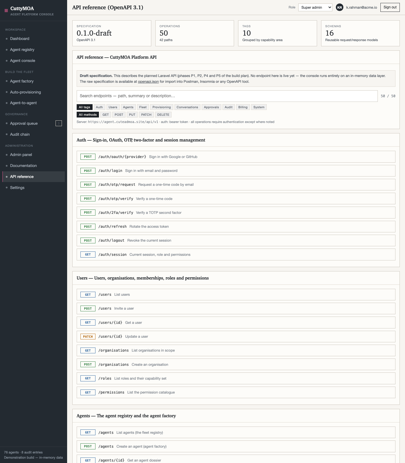 API reference listing OpenAPI operations by tag