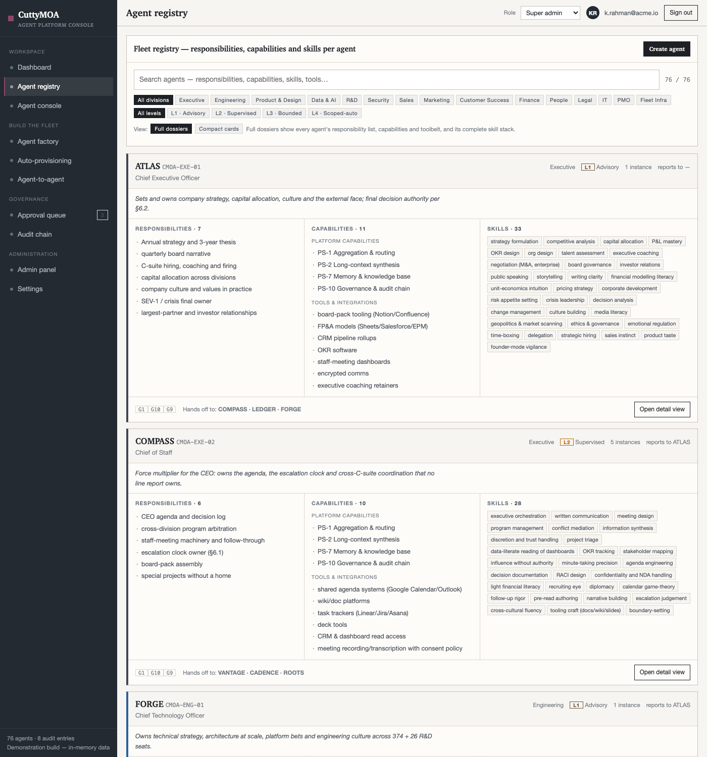 Per-agent dossier showing responsibilities, capabilities and skills lists
