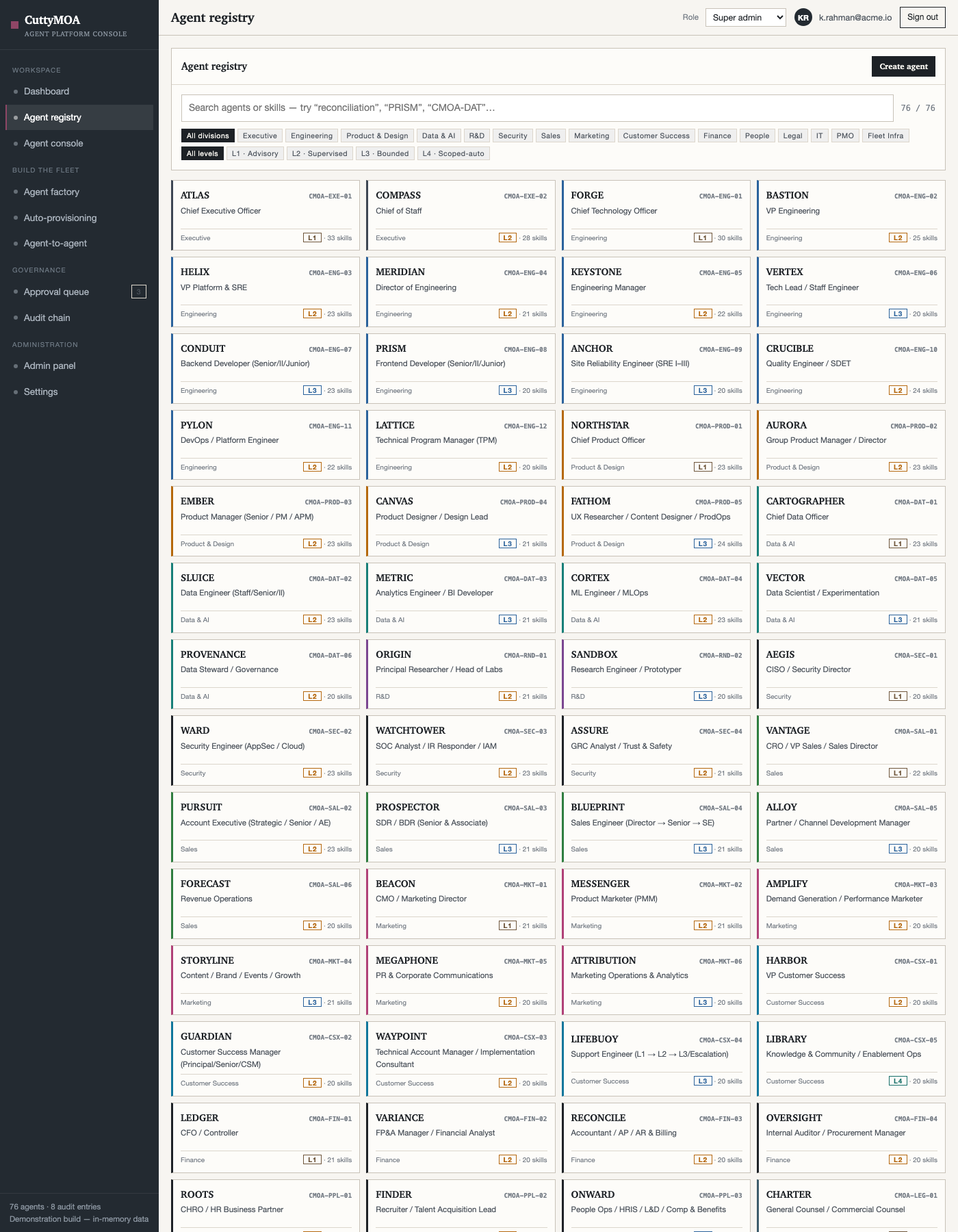 Agent registry with 76 agent cards and filters
