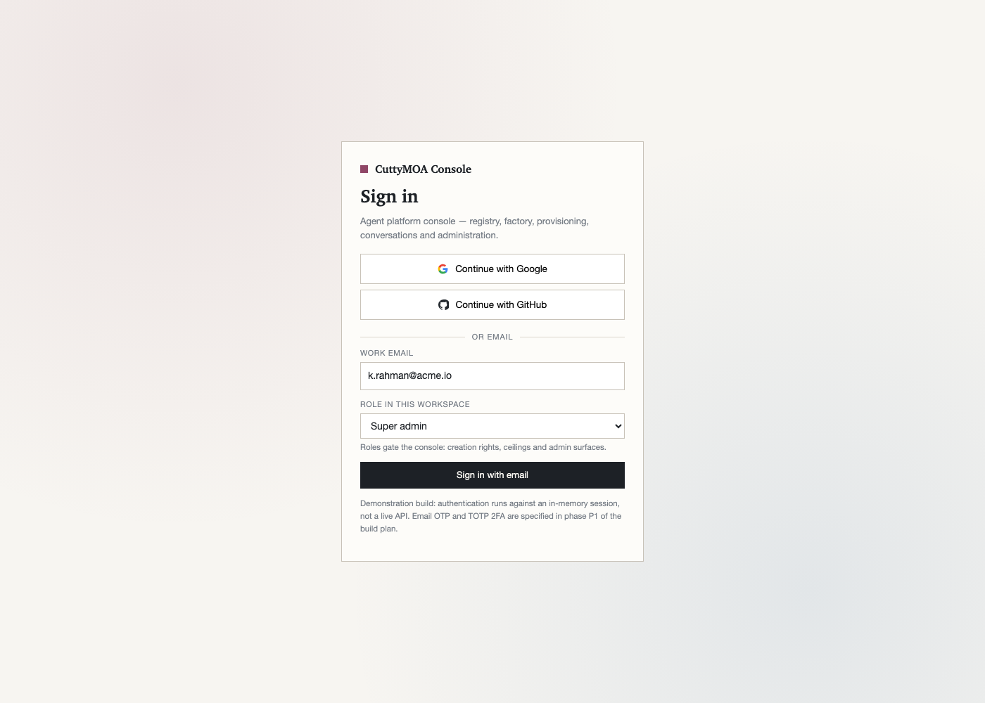 Sign-in screen with Google and GitHub options